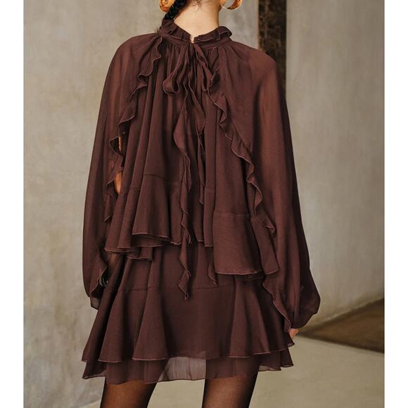 Commense Brown Semi-Sheer Chiffon Ruffle Mini Dress with Cape Overlay – Size XL - Picture 3 of 6